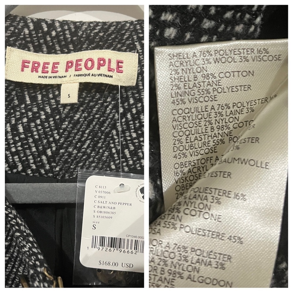Free People Tweed Emily Jacket sz: S Black Cropped Military Coat Velvet Cuffs - Picture 8 of 10